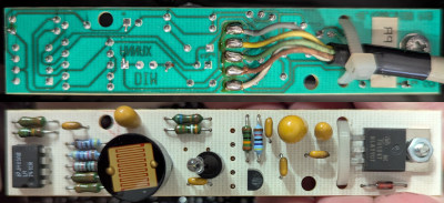Front and back of an ambient light sensor board (the back side is mirrored so it could be overlayed semi-transparently on the front side). A small board, maybe twice the size of an old USB pen drive. It contains a photoresistor, a photodiode, an LM741 and a few resistors. It does not have a connector, wires are directly soldered to the board. Wire insulation looks like it is going to disintegrate the exact moment the cable is moved.