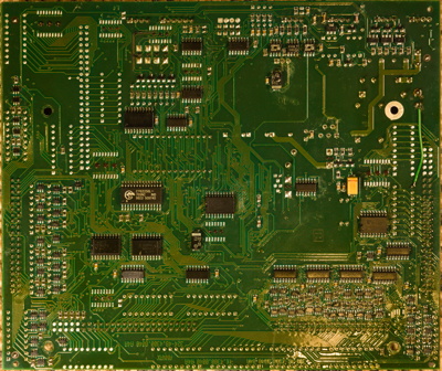 The back of the BZS1 board, looking quite similar to BZS3's back: mostly just a few shift registers and logic ICs all over the place.