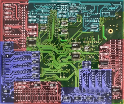 The back of the control PCB, also with component groups highlighted. Looking slightly less messy than the front, with a few shift register ICs all over the place.