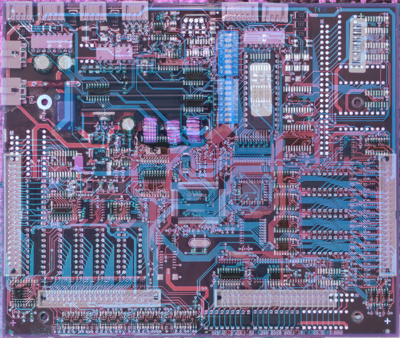 A combined view of the front and back side overlayed, aligned, with the front appearing red and the back appearing blue. Visually, it is unclear if this makes it easier or harder to trace the connections between the components.